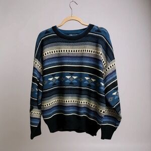 Timber Trail Mens Crewneck Sweater Geometric‎ Pattern Blue Black XL Acrylic Y2K